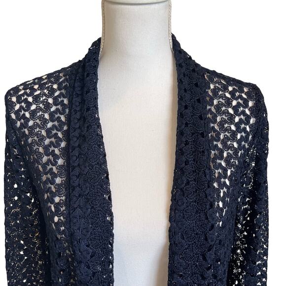 JM Collection Cardigan Petite Size Large Navy Blue Open Stitch Knit Topper Light - Picture 2 of 10